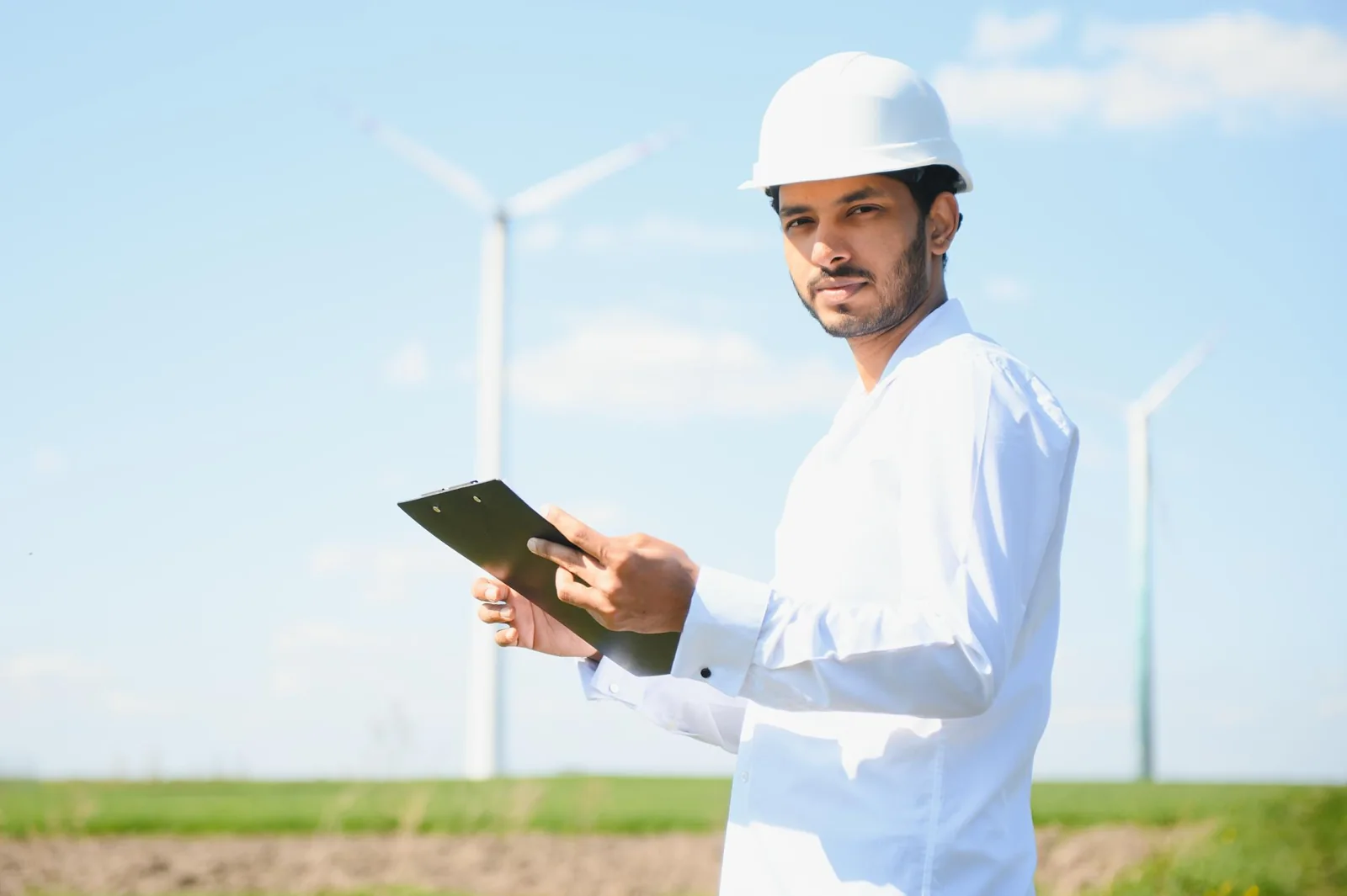 Person holding a clipboard with wind turbines in the background