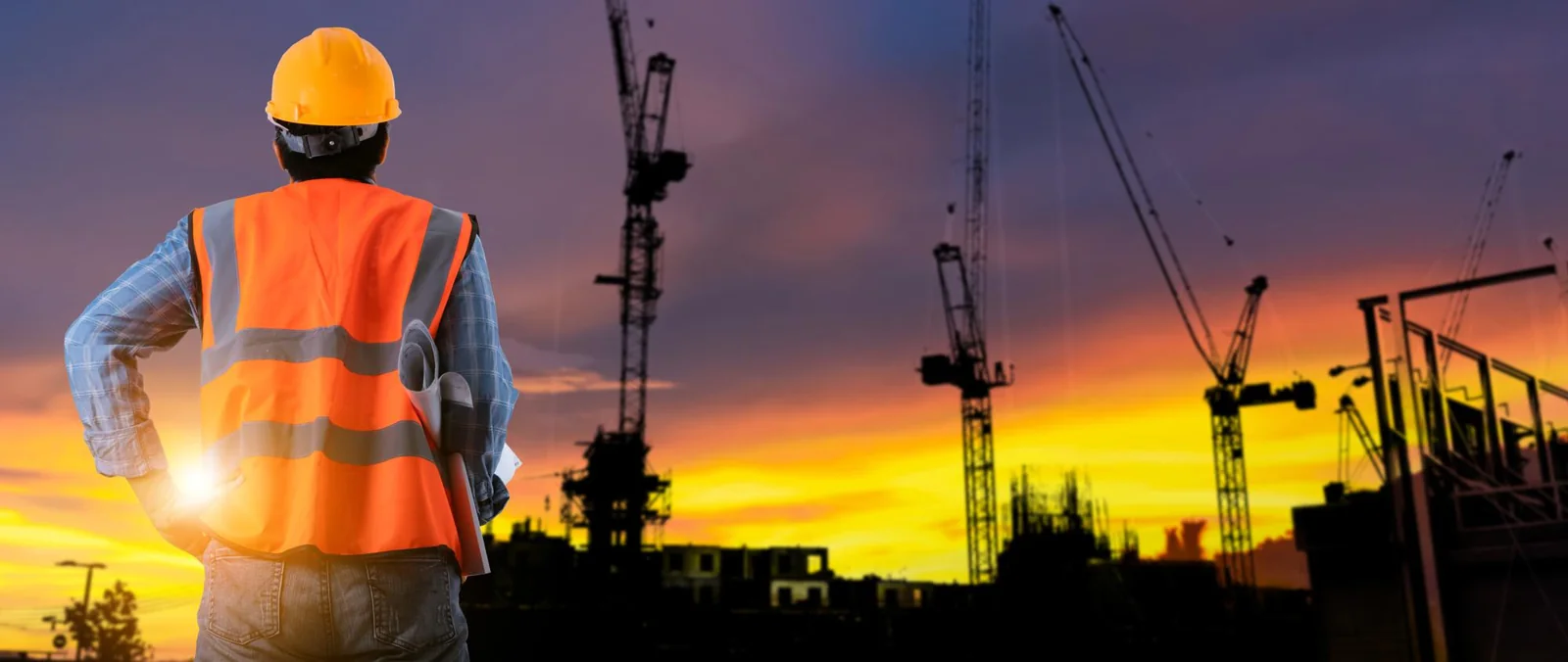 Person in a hard hat overlooking a construction site at sunset