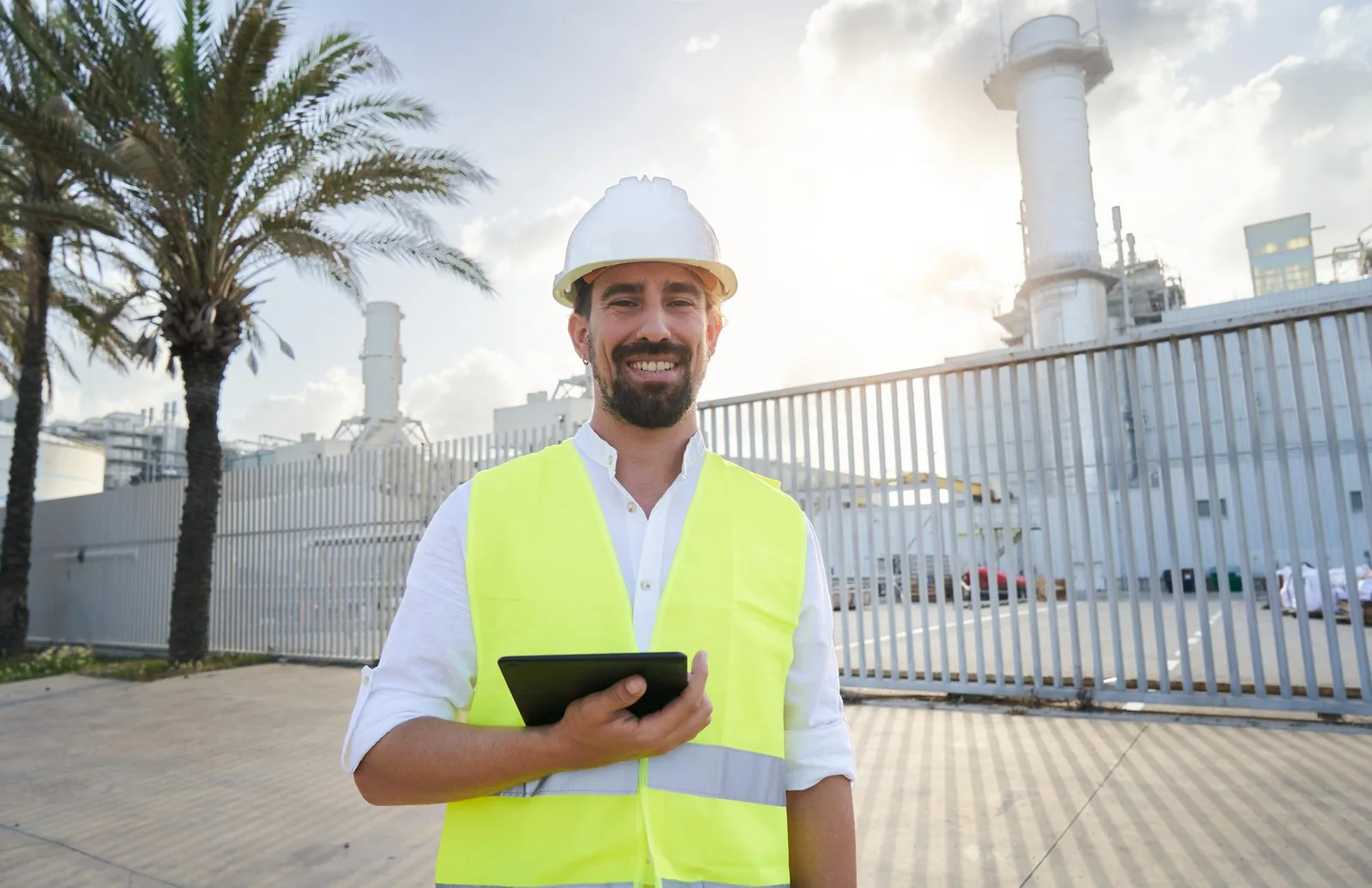 Person in safety clothing holding a tablet outside a facility