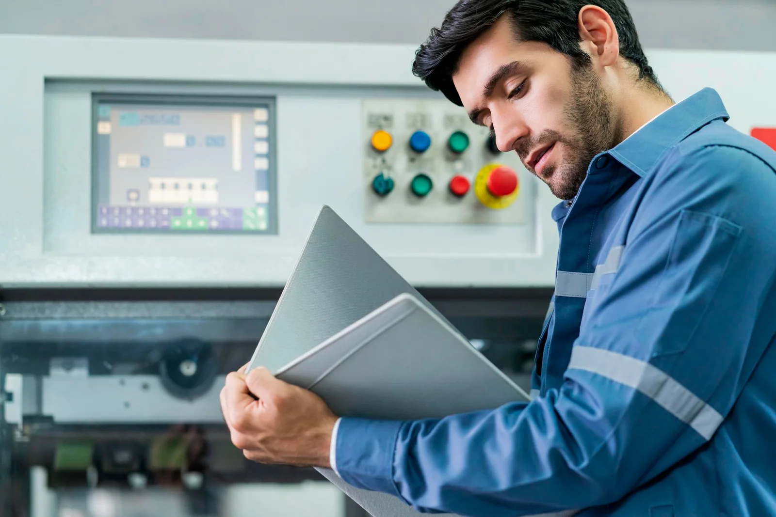 Technician reviewing documents beside a control panel